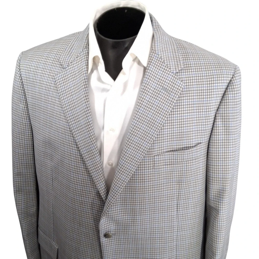 Hickey Freeman Blazer Mens 48L Blue Gray 100% Wool Micro Check Sport Coat